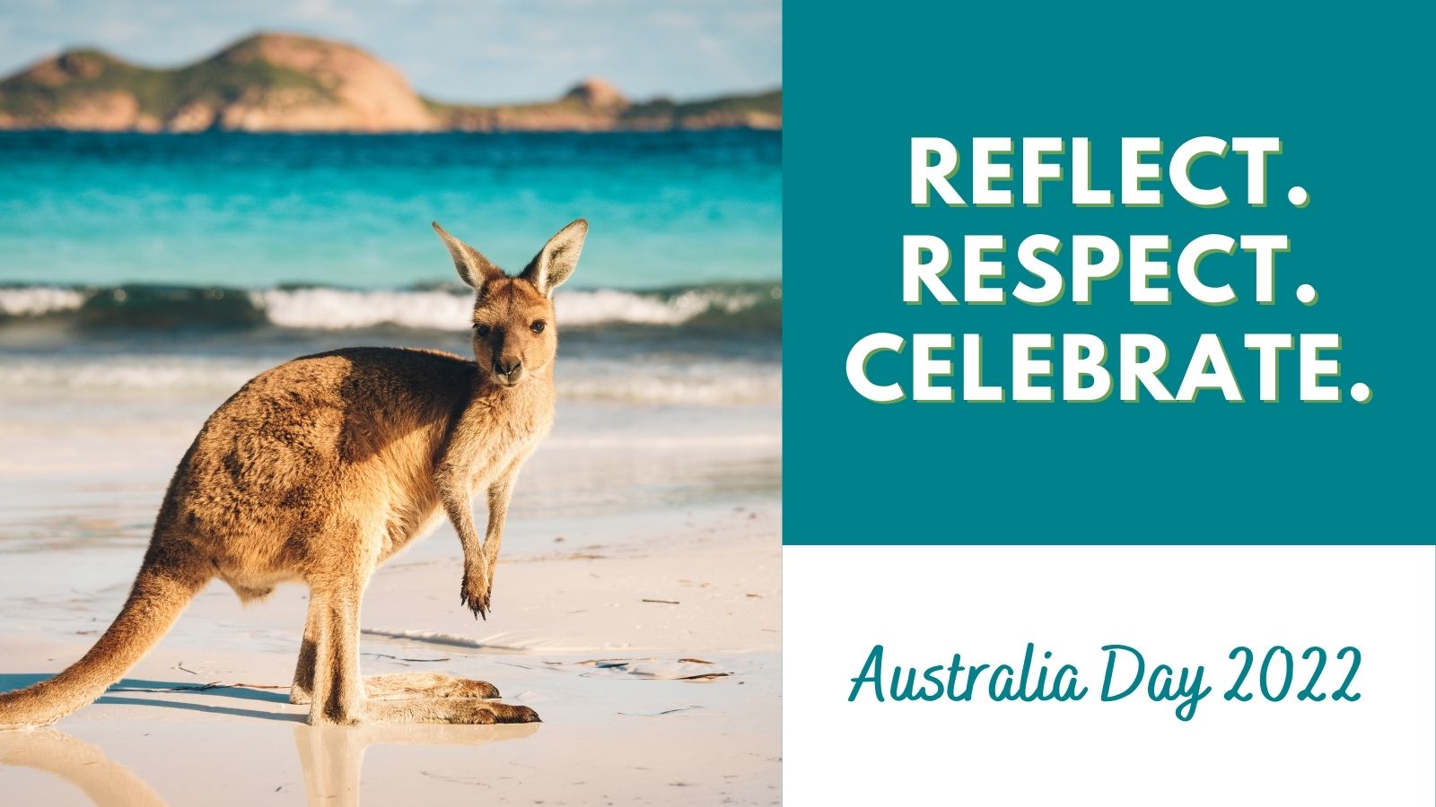 A kangaroo on a beach, with a banner \\\\\\\\\\\\\\\\\\\\\\\\\\\\\\\'Reflect. Respect. Celebrate"